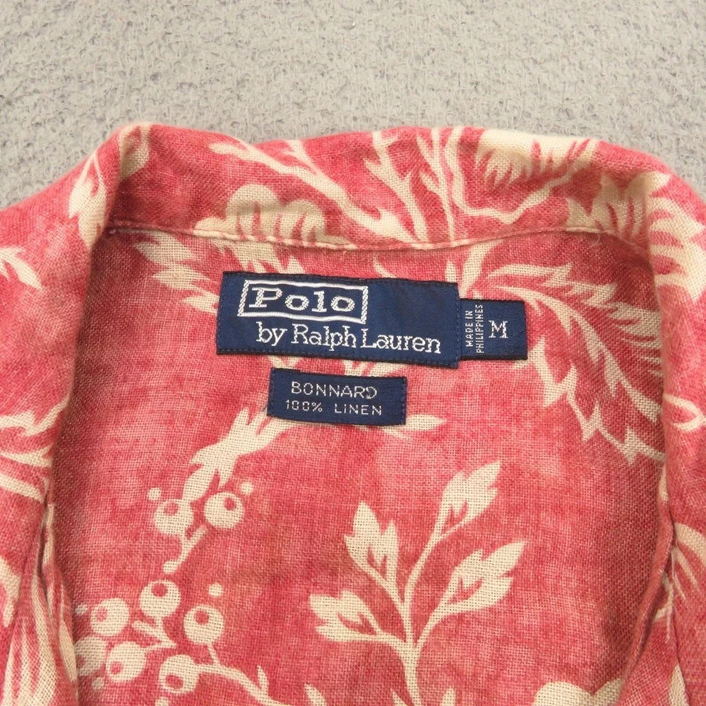 VTG Polo Ralph Lauren Shirt Men Medium Bonnard Linen Floral Pink Red Camp Collar